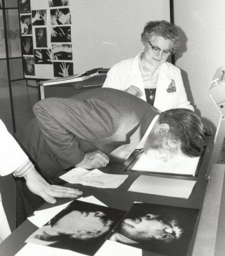 Old Photo, Man Copying Face on Copier, Loudy Office Machines